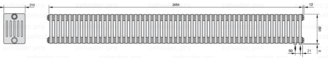 Схема (чертеж) Радиатор Zehnder Charleston 6026/54 №5510 Белый глянцевый RAL 9016